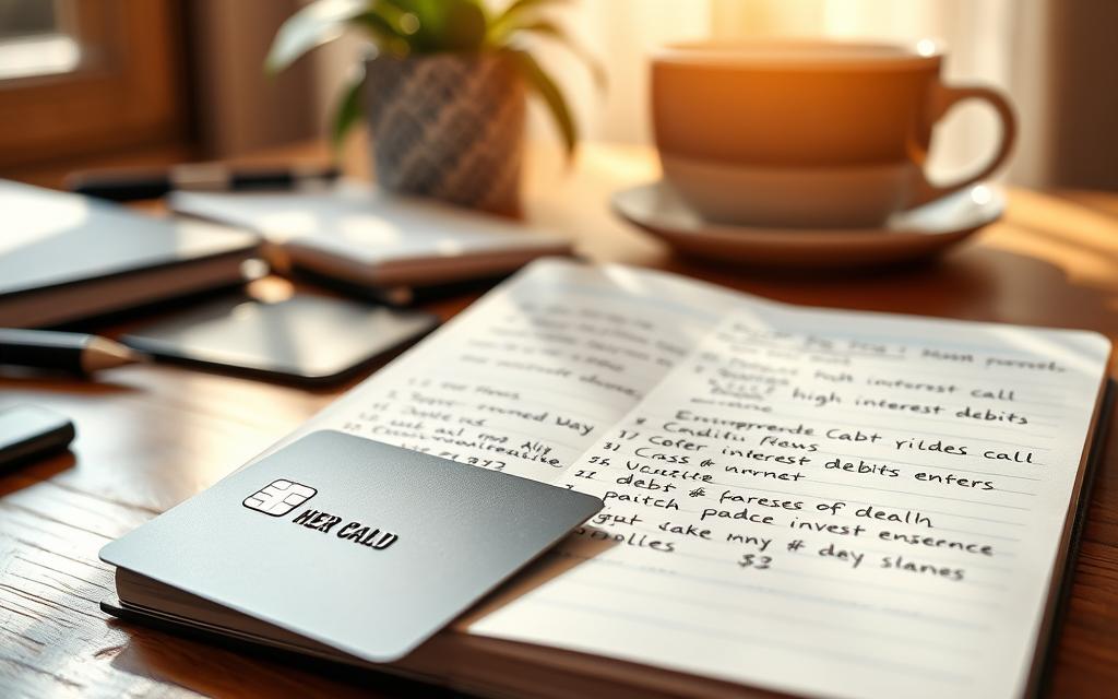 A close-up view of a wooden desk cluttered with a credit card and an open notebook displaying a handwritten list of high-interest debts. Soft, natural light streams in from the left, casting gentle shadows and creating a warm atmosphere. The credit card, sleek and glossy, sits prominently in the foreground, while the notebook, filled with detailed figures and notes, occupies the middle space. In the background, a blurred coffee cup and a potted plant suggest a cozy, productive workspace. The composition should evoke feelings of financial responsibility and the weight of debt, inviting the viewer to reflect on budgeting and financial planning.