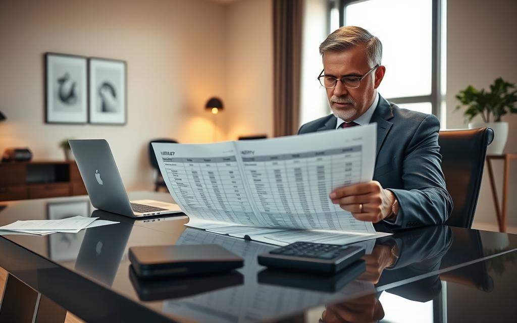 A focused scene depicting a business professional carefully reviewing a monthly IRPF table on a sleek, modern office desk. In the foreground, a neatly arranged desktop with accounting documents, a laptop, and a calculator. The professional, a middle-aged man in smart business attire, displays a concentrated expression while examining the data. In the middle ground, the office features a large window with natural light streaming in, illuminating the workspace. The background shows simple yet elegant office decor, conveying a sense of organization and professionalism. The mood is one of diligence and responsibility, highlighting the importance of financial accuracy. Use a warm color palette to enhance the inviting atmosphere, and employ a soft focus on the background to emphasize the subject in the foreground. A focused scene depicting a business professional carefully reviewing a monthly IRPF table on a sleek, modern office desk. In the foreground, a neatly arranged desktop with accounting documents, a laptop, and a calculator. The professional, a middle-aged man in smart business attire, displays a concentrated expression while examining the data. In the middle ground, the office features a large window with natural light streaming in, illuminating the workspace. The background shows simple yet elegant office decor, conveying a sense of organization and professionalism. The mood is one of diligence and responsibility, highlighting the importance of financial accuracy. Use a warm color palette to enhance the inviting atmosphere, and employ a soft focus on the background to emphasize the subject in the foreground.