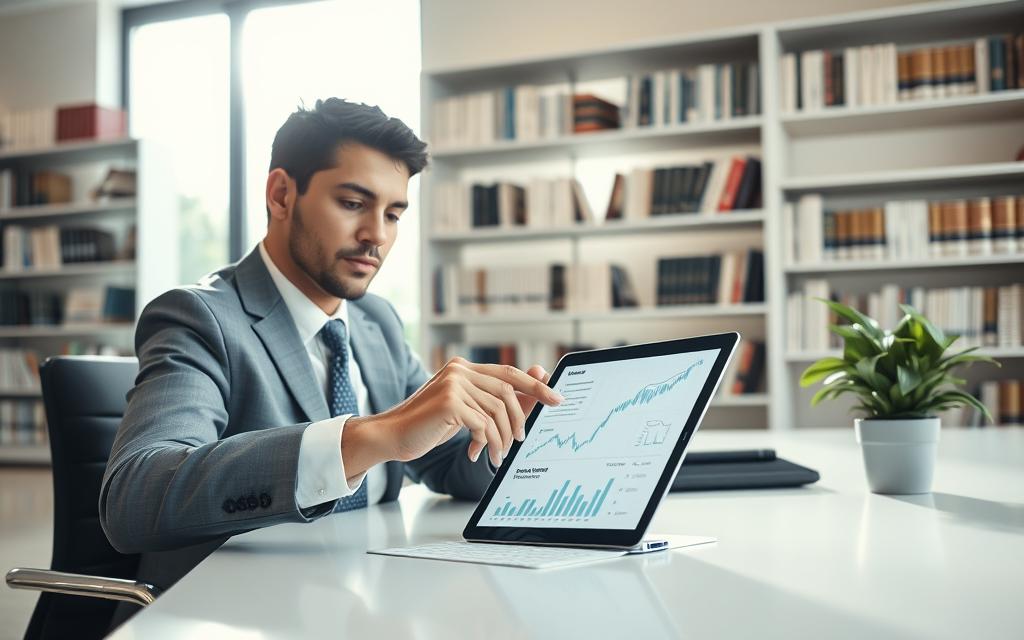 A person in professional business attire, sitting at a modern desk illuminated by soft, natural light streaming through a large window. The individual appears focused while checking a digital device displaying financial data. In the background, shelves filled with books on finance and investment are visible. The atmosphere is one of determination and professionalism, highlighting the importance of making informed financial decisions. The scene captures a close-up of the person's hand on the device, with a clear view of graphs and charts related to liquidity and investment options. A potted plant on the desk adds a touch of warmth, contrasting with the sleek, minimalist design of the workspace.