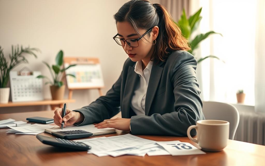 A person sitting at a wooden table at the end of the month, carefully documenting their expenses in a notebook. The individual is dressed in professional business attire, focused and organized, with a calculator and various receipts scattered around. In the background, there is a softly lit room with plants, a calendar displaying the end of the month, and a cup of coffee beside them. The lighting is warm and inviting, creating a productive atmosphere. The angle captures both the person's concentration and the detailed items on the table, emphasizing the importance of financial management. The overall mood conveys diligence and responsibility in personal finances.