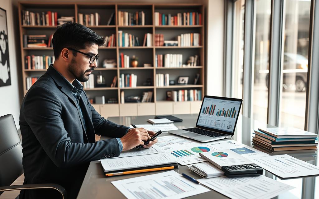 A professional accountant meticulously documenting financial records in a modern office environment. In the foreground, the accountant is seated at a sleek desk, with a focused expression, using a calculator and writing on a notepad. Various financial documents, such as ledgers and reports, are spread across the desk. In the middle, a laptop displays colorful spreadsheets with charts and graphs, highlighting the separation of pró-labore and profit distribution. The background features a well-organized bookshelf filled with finance-related books, and large windows allowing natural light to flood in, creating a warm and productive atmosphere. The mood conveys diligence and professionalism, emphasizing the important task of financial management for small business owners. A professional accountant meticulously documenting financial records in a modern office environment. In the foreground, the accountant is seated at a sleek desk, with a focused expression, using a calculator and writing on a notepad. Various financial documents, such as ledgers and reports, are spread across the desk. In the middle, a laptop displays colorful spreadsheets with charts and graphs, highlighting the separation of pró-labore and profit distribution. The background features a well-organized bookshelf filled with finance-related books, and large windows allowing natural light to flood in, creating a warm and productive atmosphere. The mood conveys diligence and professionalism, emphasizing the important task of financial management for small business owners.