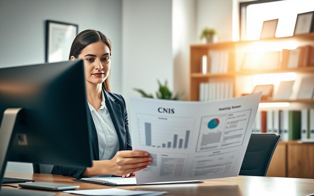 A professional setting in a modern office environment, highlighting a confident woman in business attire, seated at a desk with a computer displaying charts and graphs. In the foreground, she reviews a document labeled "CNIS" with a focused expression. The middle layer shows a sunny window casting warm light across the room, illuminating a plant and framed certificates on the wall. The background features shelves with neatly arranged books and awards, emphasizing professionalism. The atmosphere is one of productivity and assurance, conveying the importance of quality assurance in securing benefits for self-employed individuals. Capture this scene with soft lighting and a slightly angled perspective to add depth.