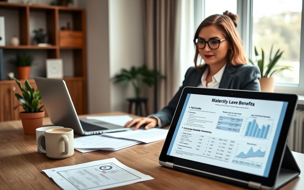 A professional woman in smart-casual attire, seated at a desk in a cozy, modern office environment, reviewing paperwork related to maternity leave benefits. The desk is adorned with a laptop, documents, a potted plant, and a coffee mug, symbolizing a work-life balance. In the foreground, a laptop screen displays relevant information about maternity leave for self-employed individuals, with graphs and forms visible. The background features soft, natural light streaming through a window, creating a warm and inviting atmosphere. The camera angle is slightly elevated, capturing both the subject's focused expression and the organized workspace, emphasizing professionalism and the importance of maternal benefits.