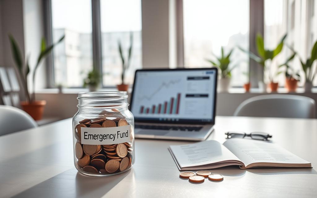 A serene, modern office space with a large desk in the foreground, clutter-free except for a clear glass jar labeled ‘Emergency Fund’. The jar is filled with bright coins and crisp banknotes reflecting soft, inviting light. In the middle ground, a sleek laptop displays financial graphs and data, while a notepad rests beside it, open to reveal organized notes on various savings options like Tesouro Selic and CDB. The background features a large window with natural sunlight streaming in, illuminating indoor plants for a refreshing touch. The atmosphere is calm and productive, suggesting financial planning and preparedness for urgent expenses. The scene conveys the importance of saving wisely, emphasizing a sense of security and readiness.